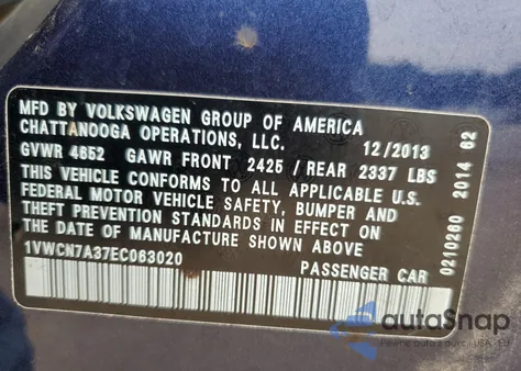 2014 Volkswagen Passat Sel from USA, damaged, VIN 1VWCN7A37EC063020